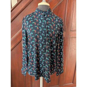 Loft Petite Womens Peacock Print Button-Up Blouse With Ruffle Collar & Cuffs LP